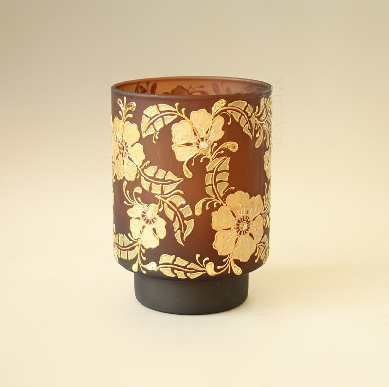 Brown Gold Glass Vase Lamp Centerpiece Swarovski Crystals, Hand-painted - 擺飾/家飾品 - 玻璃 咖啡色
