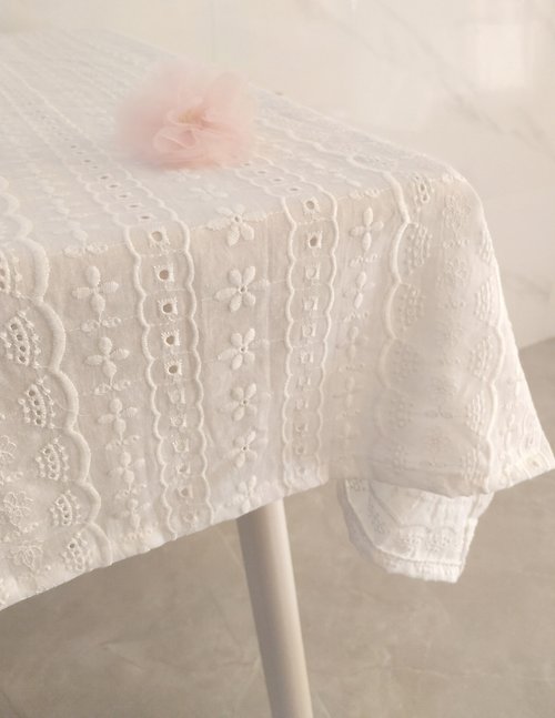 lemonccc 白色純棉刺繡繡花桌布復古婚禮桌布餐墊桌巾