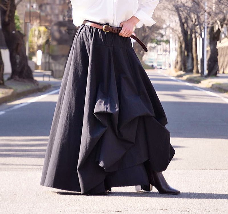 [Freely Arranged Skirt] Basic - Freely designable, beautiful silhouette with every movement, circular skirt, solid color, black, d-sk001 - กระโปรง - ผ้าฝ้าย/ผ้าลินิน สีดำ