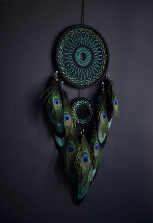 VIDADREAMS Large emerald green dream catcher. Peacock art wall decor ของขวัญนกยูง