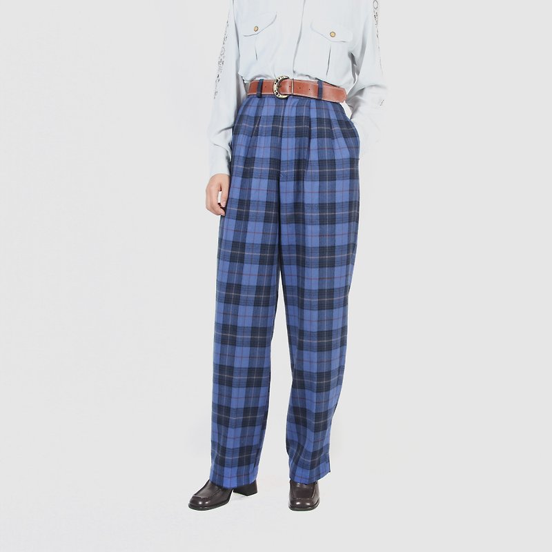 [Egg plant vintage] cool sugar plaid wool wide version straight ancient trousers - กางเกงขายาว - ขนแกะ สีน้ำเงิน