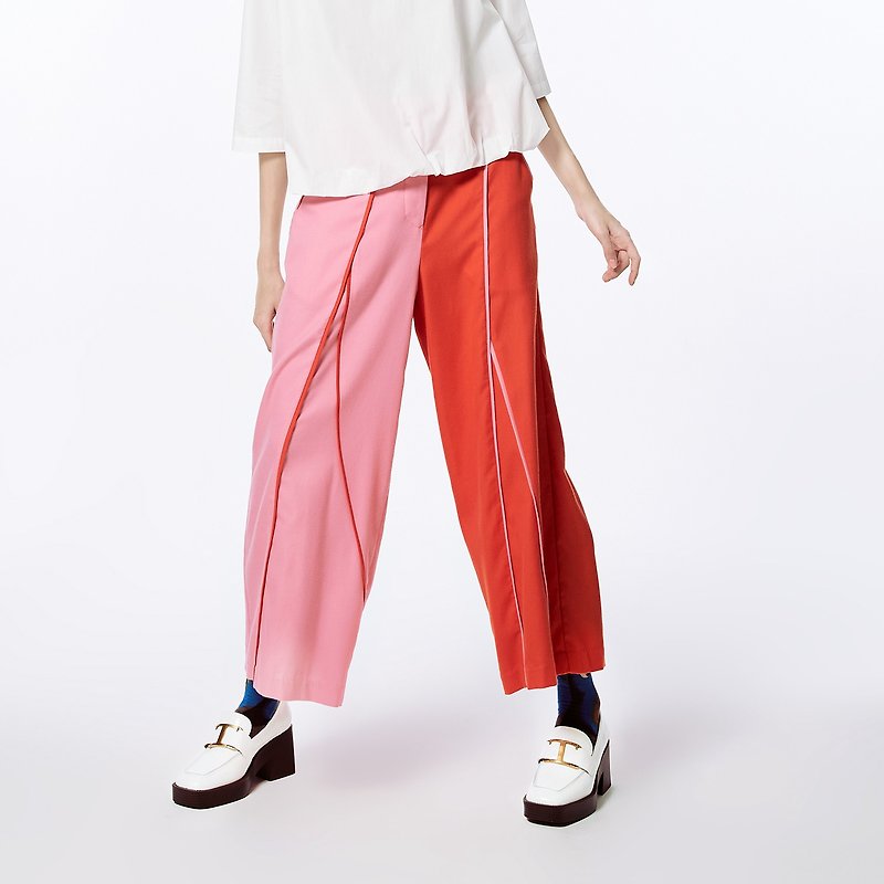 Left and right asymmetrical color long and wide pants - กางเกงขายาว - ผ้าฝ้าย/ผ้าลินิน สึชมพู