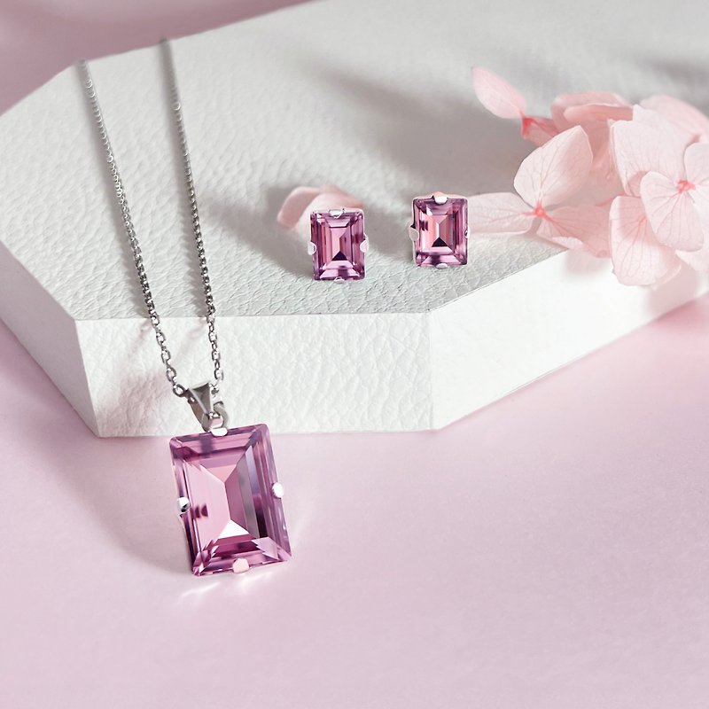 Classic Gradient Cut Crystal Set - Pale Pink Purple Austrian Crystal Necklace + Earrings - สร้อยคอ - คริสตัล 