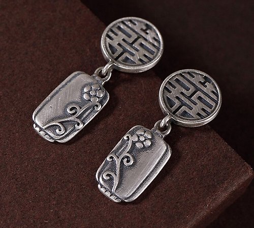 garyjewelry Retro China Chic Thai Silver Flowers Earrings for Women Chinese Word XI Double