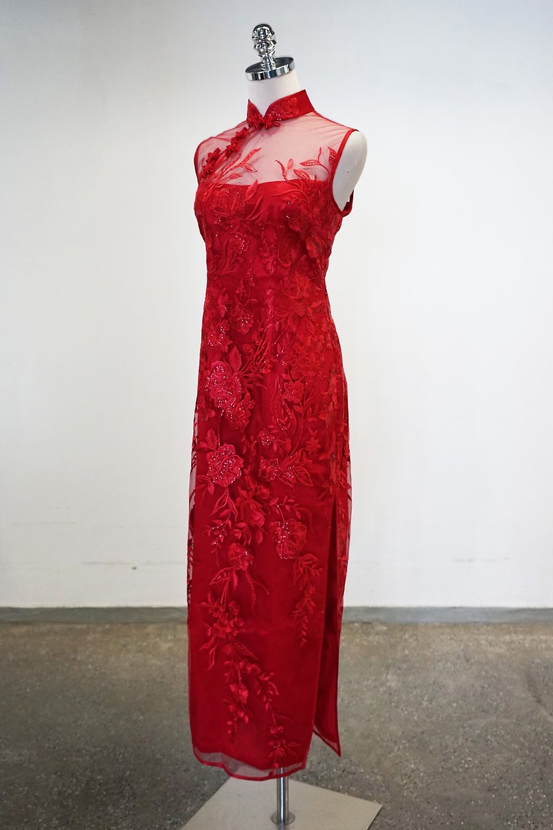 Sleeveless Lace Qipao w Side Slits - Qipao - Other Materials Red