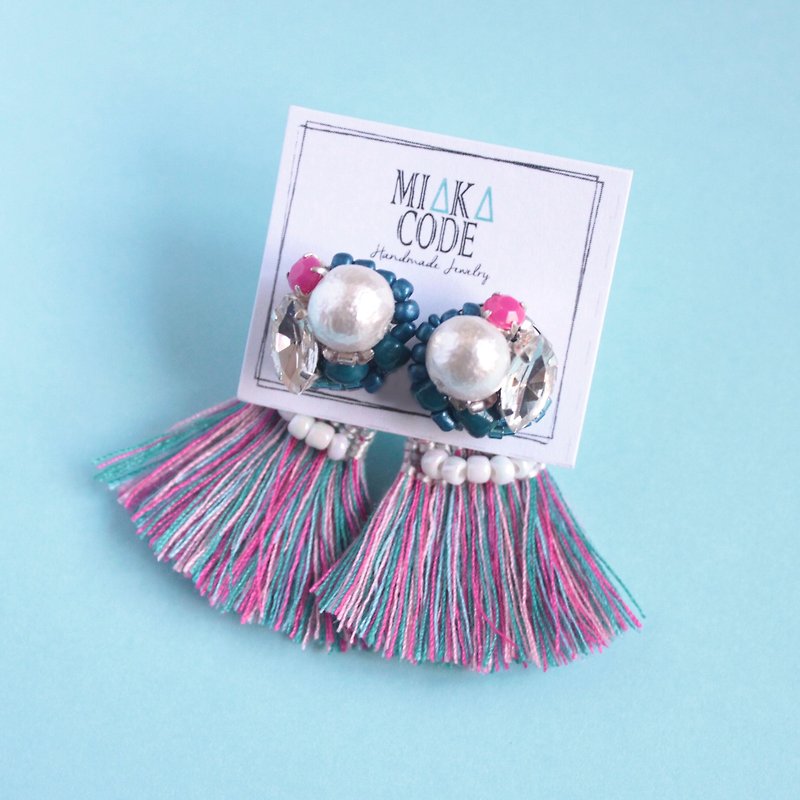 Hand-beaded Jewelry with Blue & Pink tassel Earrings/Ear-clips - Earrings & Clip-ons - Other Materials Blue