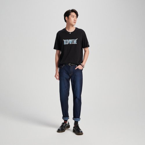 EDWIN 臺灣總代理 EDWIN 牛仔布LOGO短袖T恤-男款 (黑色) #上衣