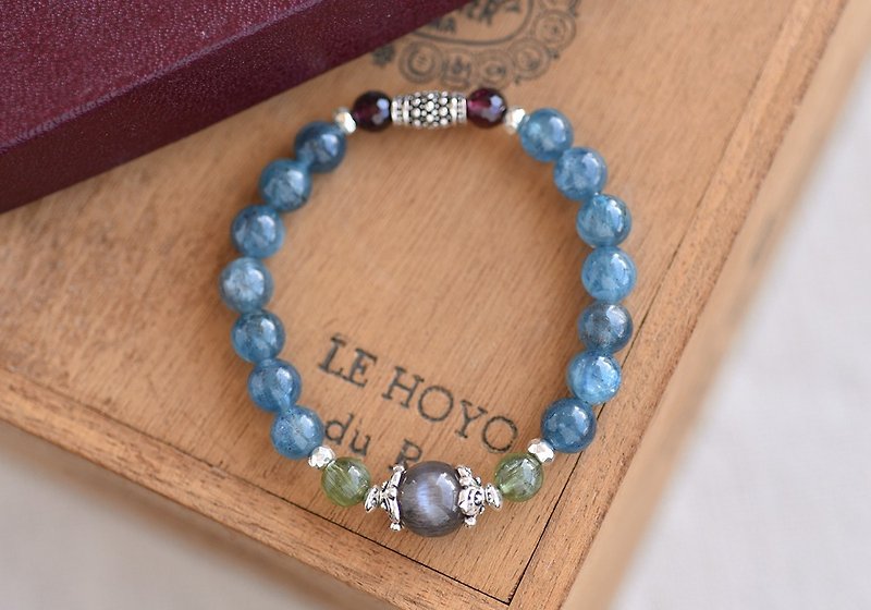 Azure Blue Stone+ Black Sun Stone+ Green Stone Sterling Silver Crystal Bracelet - Bracelets - Crystal Blue