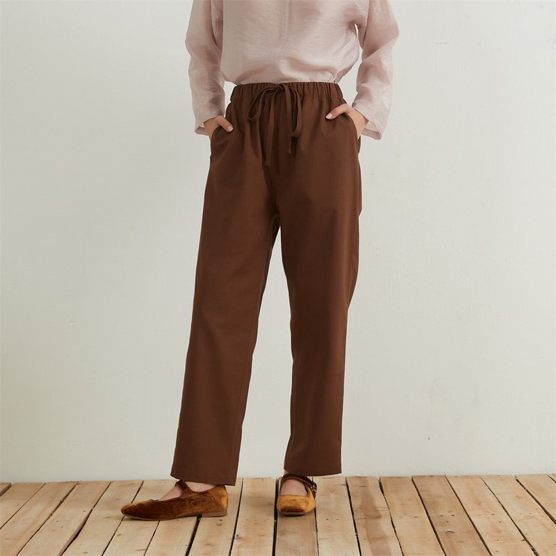 Linen mix relaxed straight pants - กางเกงขายาว - ผ้าฝ้าย/ผ้าลินิน สีนำ้ตาล