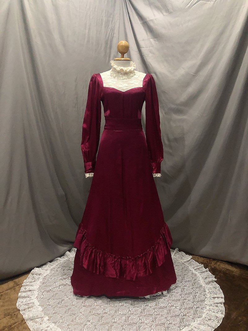 Vintage dress neck lace long Sleeve red wine color - One Piece Dresses - Other Materials 