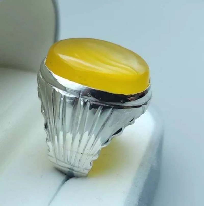 Yellow yamani aqeeq ring Yemeni Agate stone, Yellow aqeeq mens ring gift for men - 戒指 - 寶石 黃色