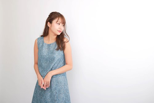 KIHO-JAPAN 日本製造 無袖蕾絲上衣藍色