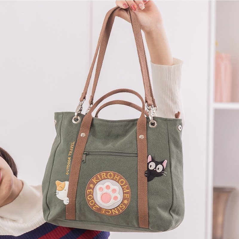 Cat family press-button handbag/shoulder bag/double-use bag/patchwork bag [810213] - Handbags & Totes - Cotton & Hemp Gray