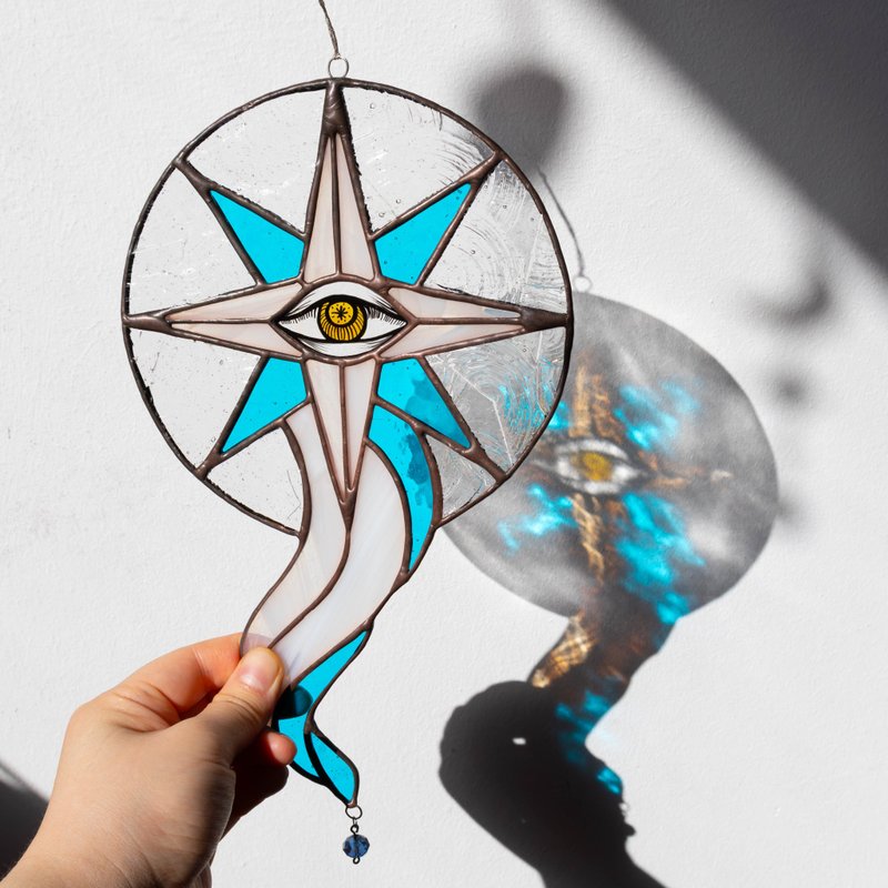 Blue and white comet, Stained glass ornament, Celestial home decor, Star Art - 壁貼/牆壁裝飾 - 玻璃 多色