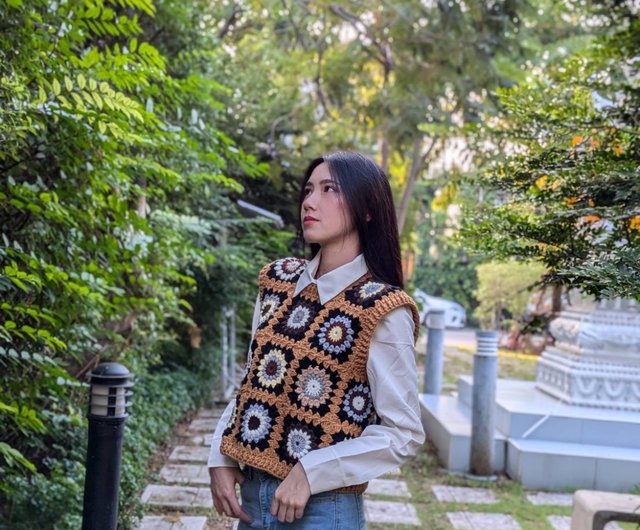 女性用 グラニースクエア クロシェ編みベスト - オーバーサイズ