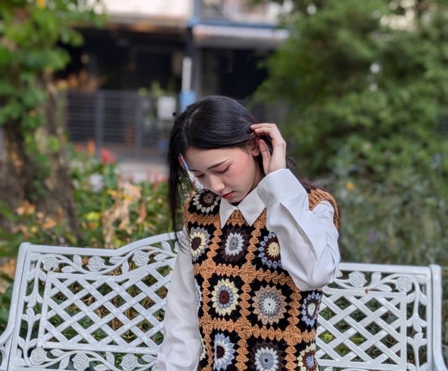 女性用 グラニースクエア クロシェ編みベスト - オーバーサイズ