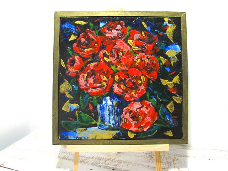 Red Abstract Roses Acrylic Painting Framed Art - ตกแต่งผนัง - วัสดุอื่นๆ หลากหลายสี