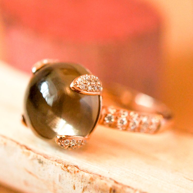Promise - 12mm Round Cabochon Smoky Quartz With Cubic Zirconia 18K Rose Gold Plated Silver Ring - General Rings - Gemstone Brown