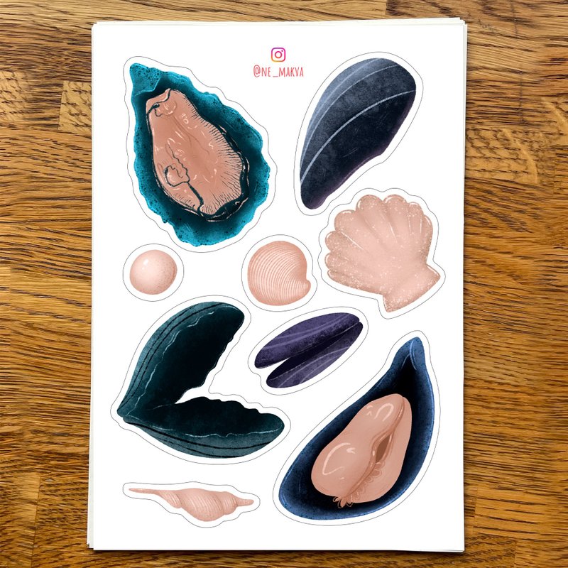 Seafood Stickers /oysters, mussels, seashell / scrapbooking / laptop stickers - Stickers - Paper Blue