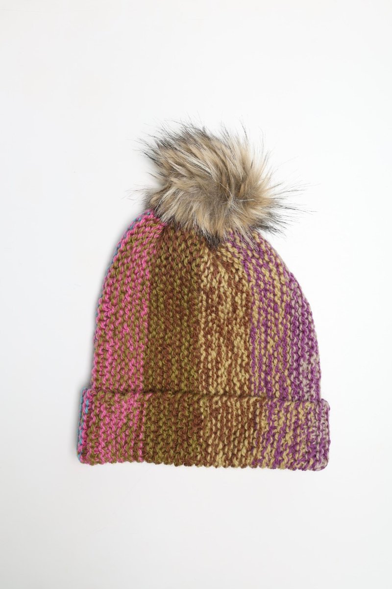 /百變精品/紫粉直條紋雜線毛帽細軟美麗諾純羊毛帽/手工編織藝術 - 帽子 - 羊毛 藍色