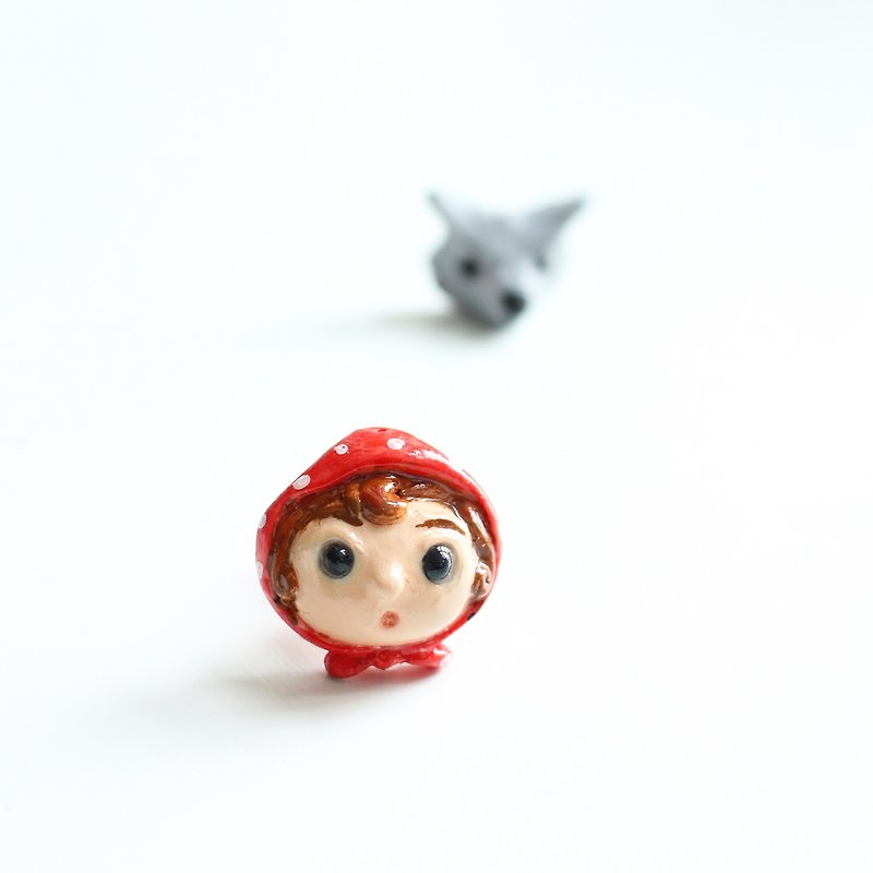 Red Riding Hood & Big Black Wolf stud earrings / clip on earrings - Earrings & Clip-ons - Pottery Red