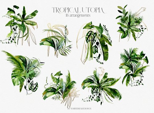 Whiteheartdesign Tropical Greenery Watercolor Floral Clipart Green Tropic Leaves Bouquet