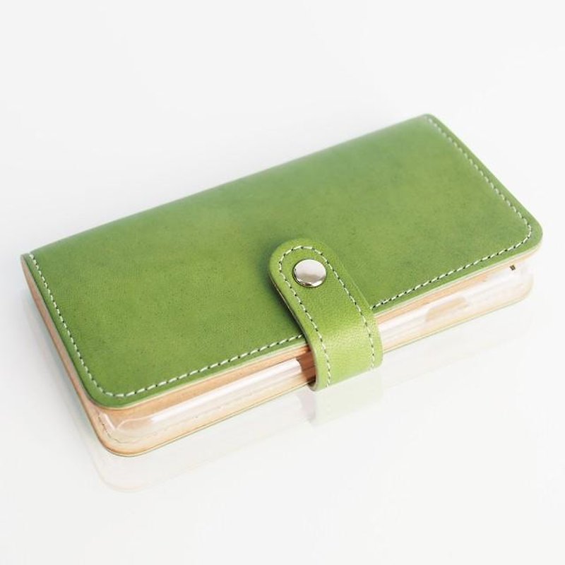 Genuine leather iPhone case Leaf green (notebook type) - Other - Genuine Leather 