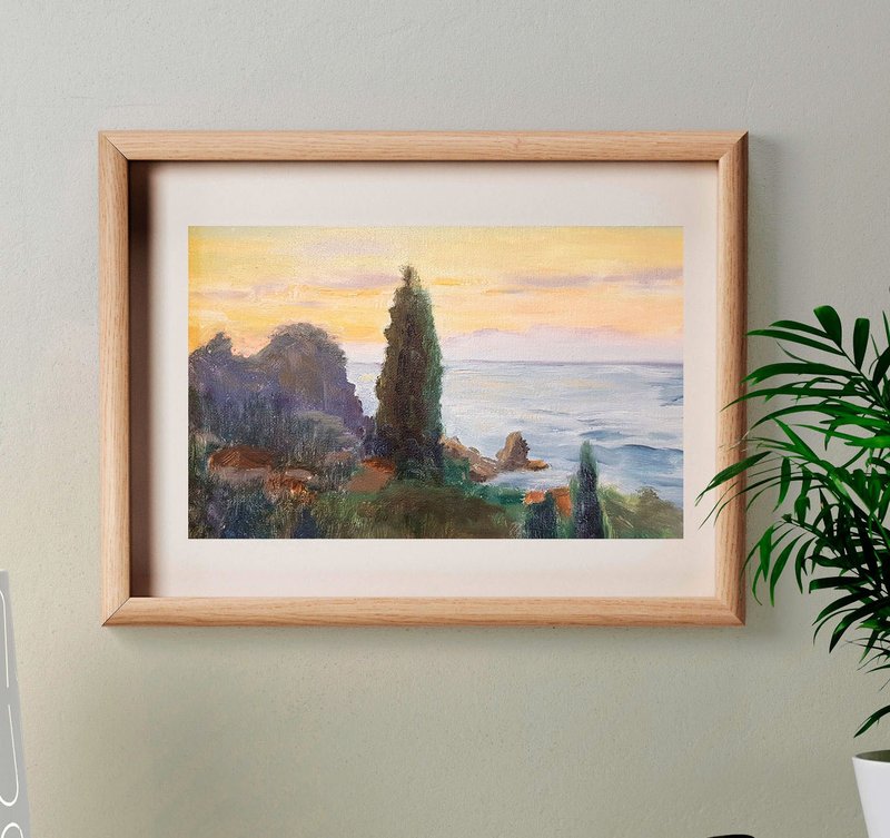 Sunrise Painting Seascape Original Art Blue Mountains Artwork Plein Air Canvas - ตกแต่งผนัง - วัสดุอื่นๆ สีน้ำเงิน