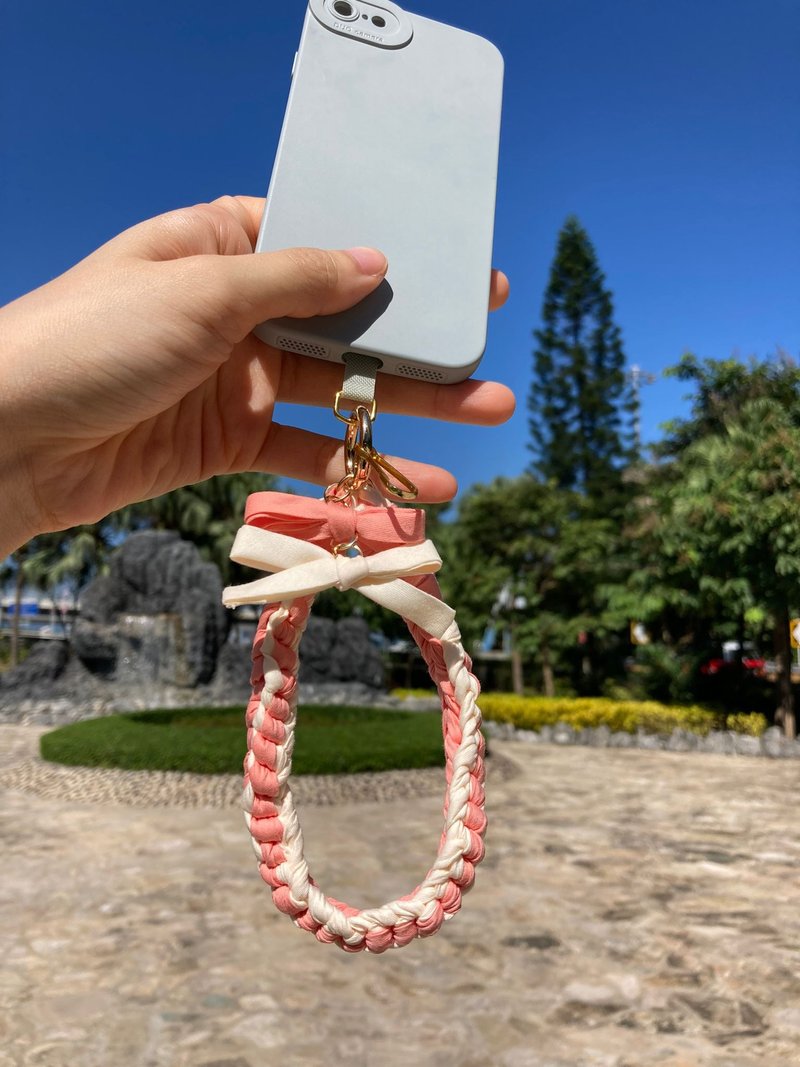 粉紅色 蝴蝶結 編織 手機繩 鎖匙扣 2Way【純綿 防敏】 - 手機配件 - 其他人造纖維 粉紅色
