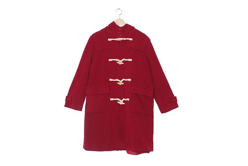 {:::Giraffe Giraffe:::}_ Hooded pocket deep red basic vintage horn button jacket - Women's Casual & Functional Jackets - Wool Red