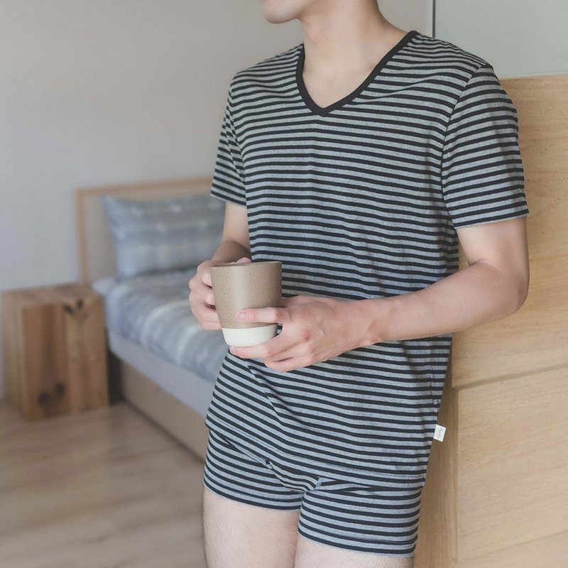 UMORFIL Collagen Stripe V-neck Short Sleeve Skin-friendly Deodorizing Men's Underwear-4 colors in total - ชุดชั้นในผู้ชาย - ผ้าฝ้าย/ผ้าลินิน หลากหลายสี