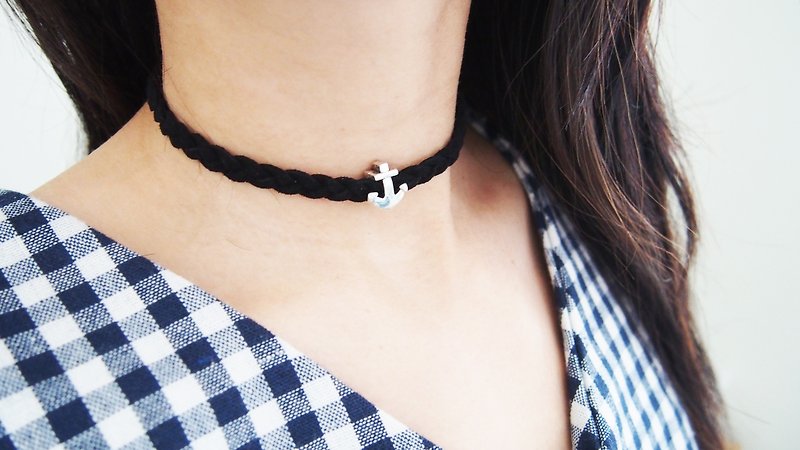 Silver anchor braided black suede choker/necklace - Necklaces - Other Materials Black
