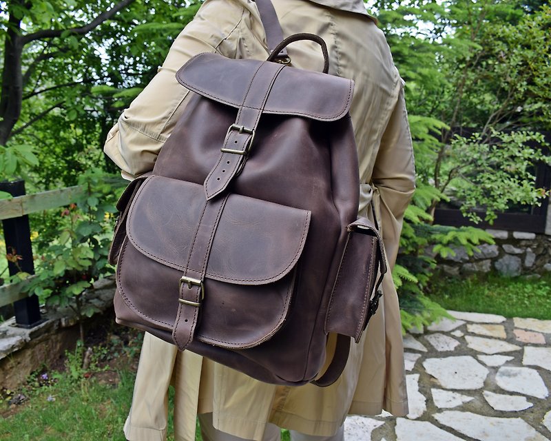 真皮 後背包/書包 咖啡色 - Handmade Waxed Leather Backpack from Full Grain Leather - Extra Large Size!