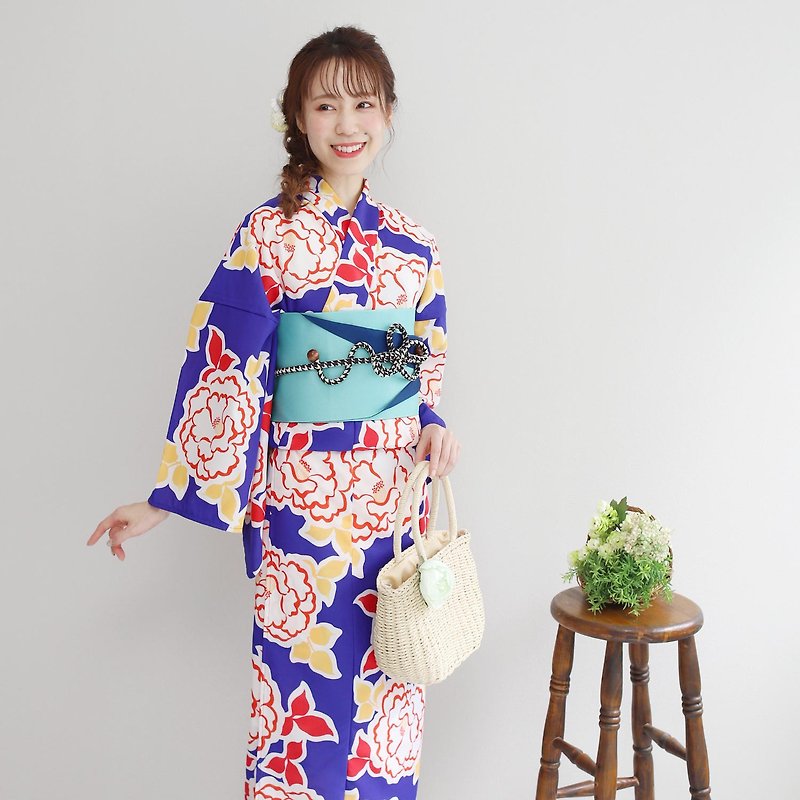 Women's polyester woven yukata obi 2-piece set F size x81-103b yukata - อื่นๆ - ไฟเบอร์อื่นๆ สีน้ำเงิน