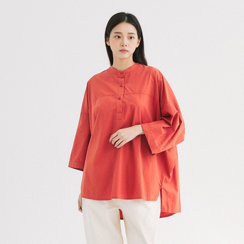 【Simply Yours】Loose Tencel Cotton Shirt Orange F - Women's Tops - Cotton & Hemp Red