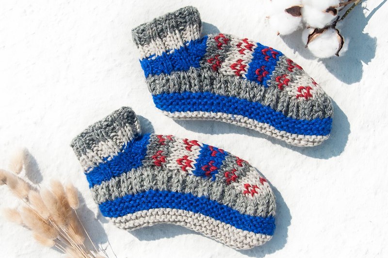 Hand-knitted pure wool knit socks / inner brushed striped socks / wool crocheted stockings / warm socks - blue world - ถุงเท้า - ขนแกะ สีน้ำเงิน