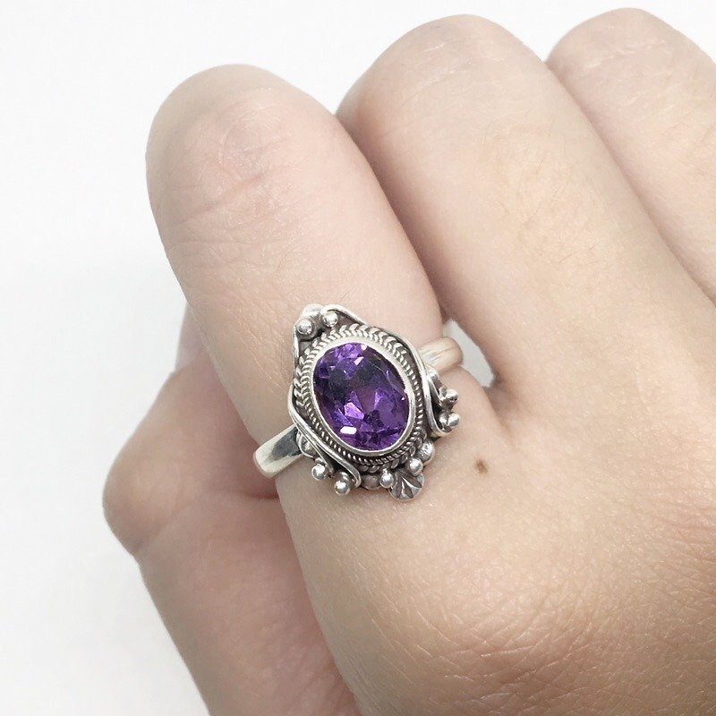 紫水晶925純銀魔鏡風格戒指 尼泊爾手工鑲嵌製作 - 戒指 - 寶石 紫色