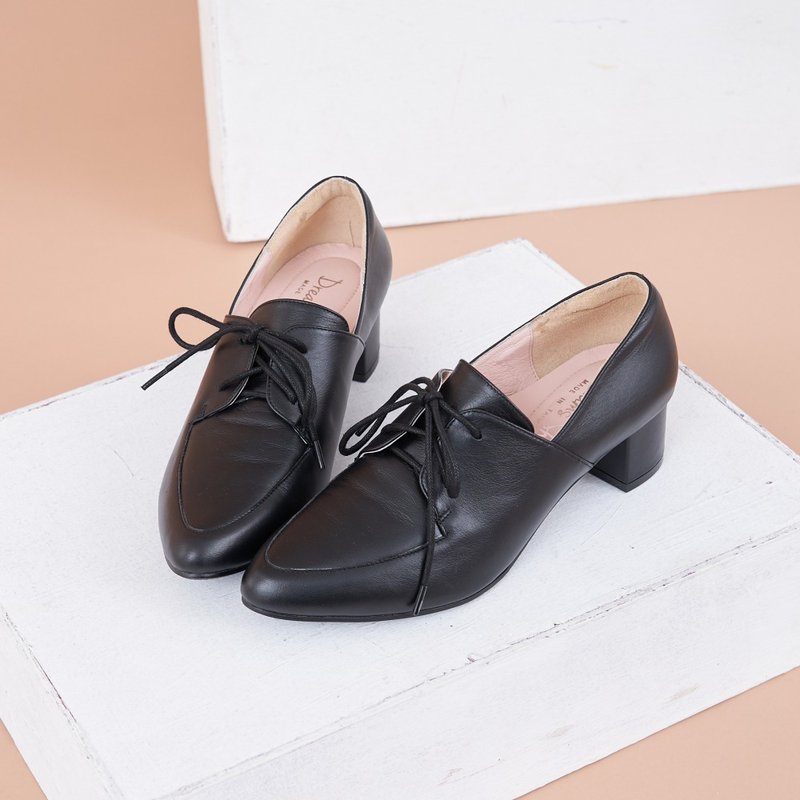 Wide last air cushion_simple strappy pointed toe low heel derby shoes black - Women's Oxford Shoes - Genuine Leather Black