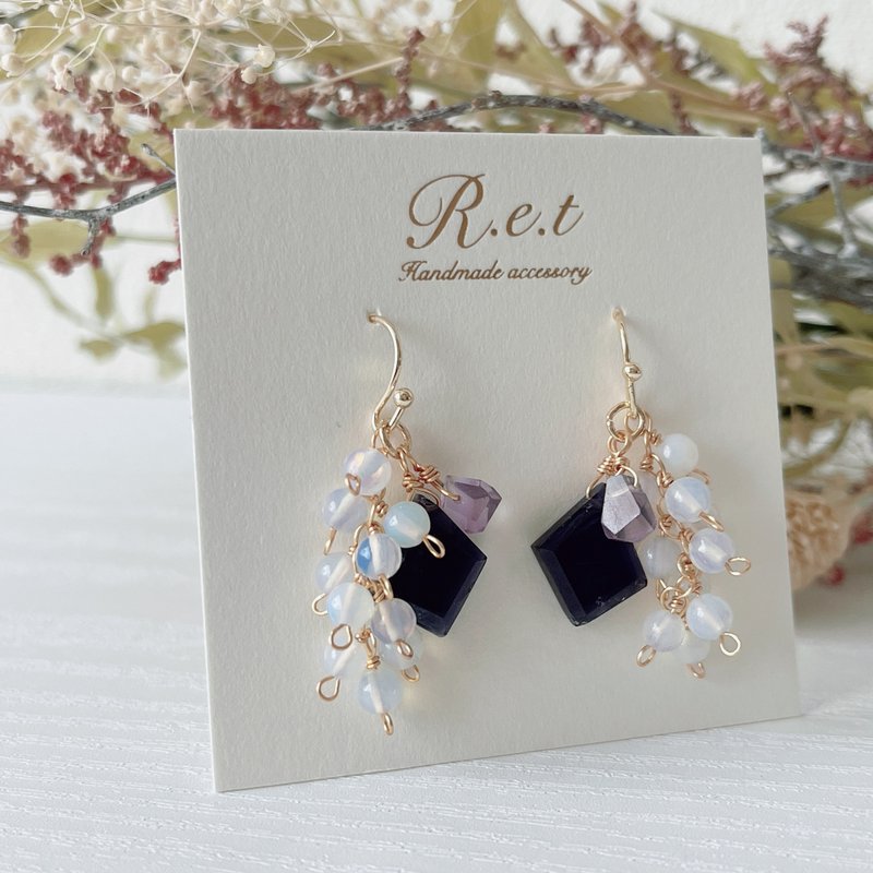 14kgf earrings iolite x amethyst x opal - Earrings & Clip-ons - Semi-Precious Stones Blue