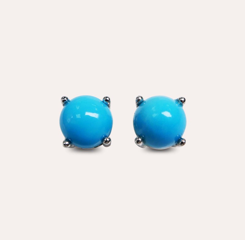 AND Turquoise Blue Round 6mm Earrings Classic Series Round E Natural Gemstone - Earrings & Clip-ons - Silver Blue