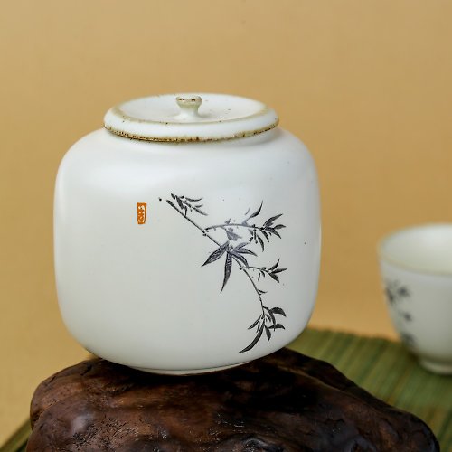 宜龍茶器 汝黃釉墨竹茶罐(220ml)