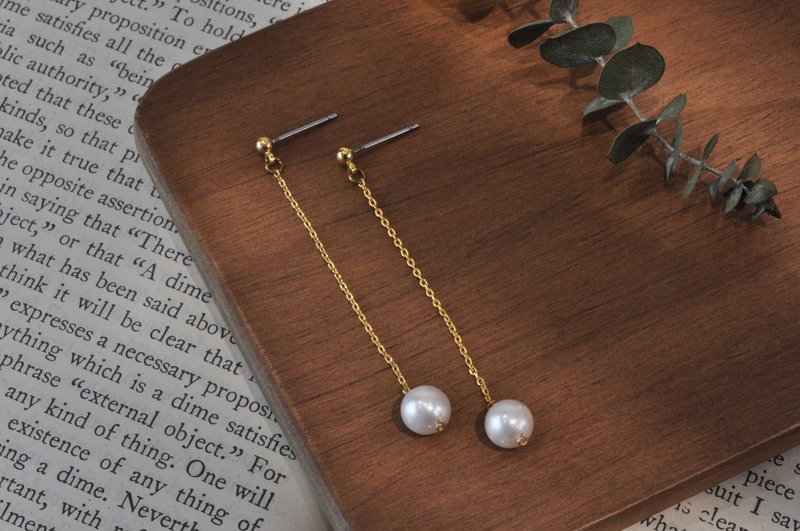 Ermao Silver[simple Bronze thin chain + pearl earrings] a pair, single - Earrings & Clip-ons - Pearl Gold