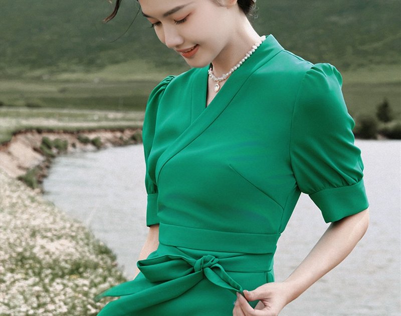 翠嵐 新中式復古藏服 改良日常短袖洋裝 - 洋裝/連身裙 - 其他材質 綠色