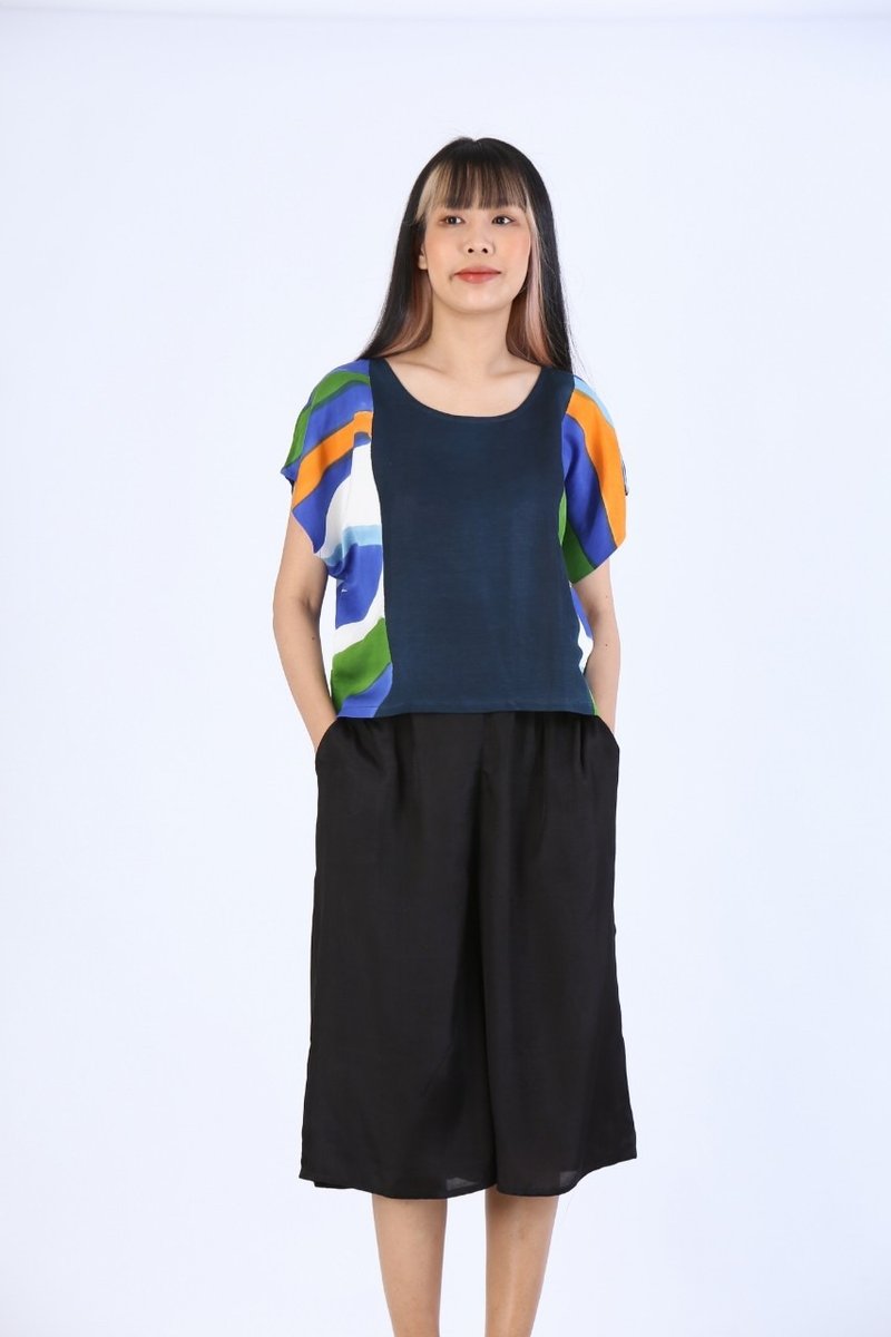 Blouse Kimono Linen Silk Hand paint For Summer Beach - 女上衣/長袖上衣 - 棉．麻 藍色