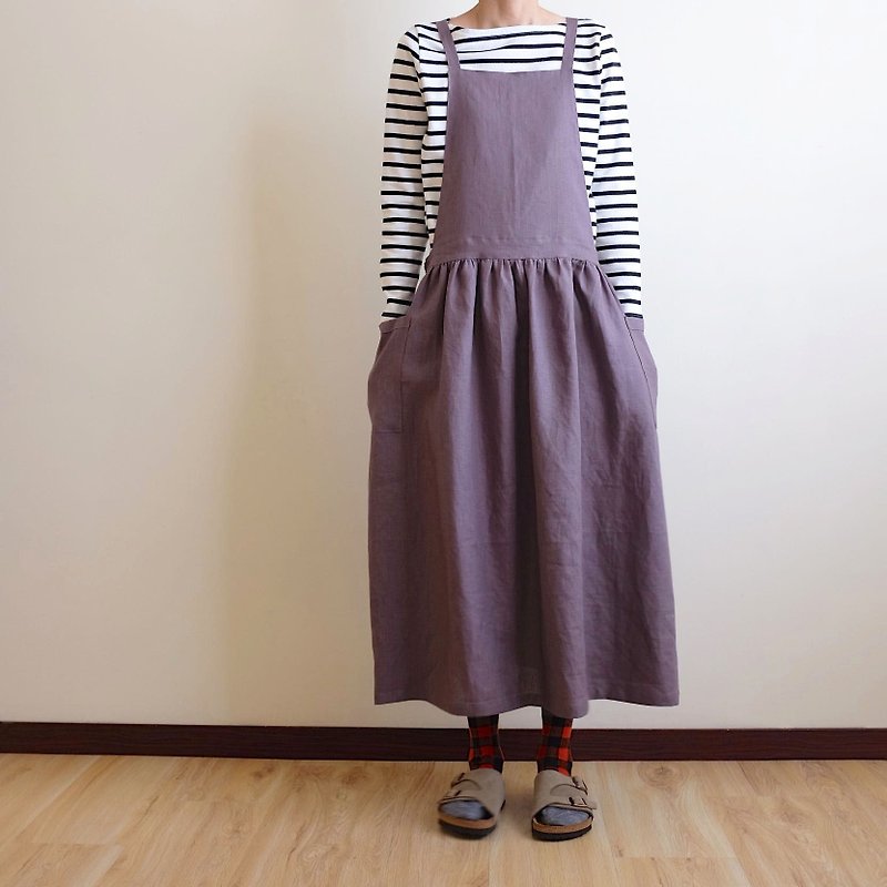 Everyday hand-made clothes live in the heart of a little girl smoked gray purple straps work apron linen - One Piece Dresses - Cotton & Hemp Purple