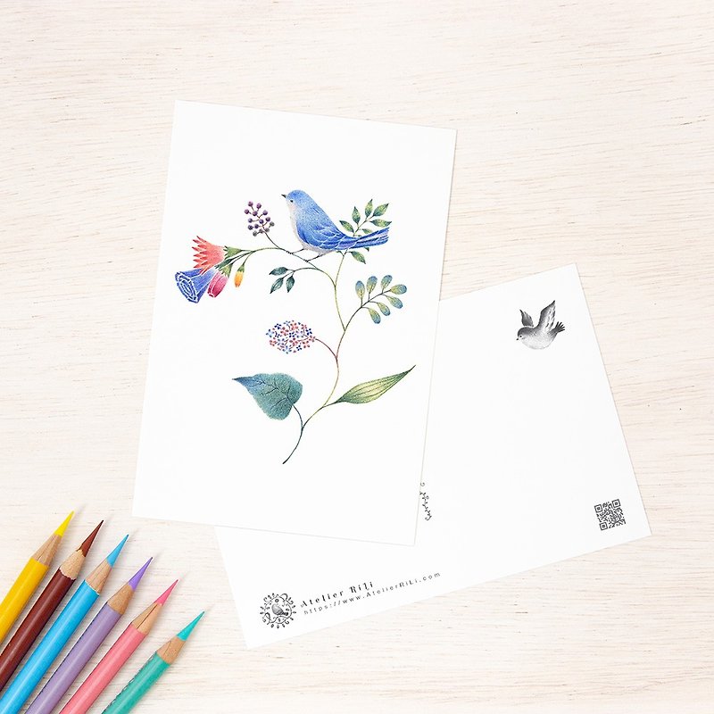 Set of 5 pieces. Like a picture book. Postcard "Blue Birds and Flowers" PC-71 - การ์ด/โปสการ์ด - กระดาษ สีน้ำเงิน