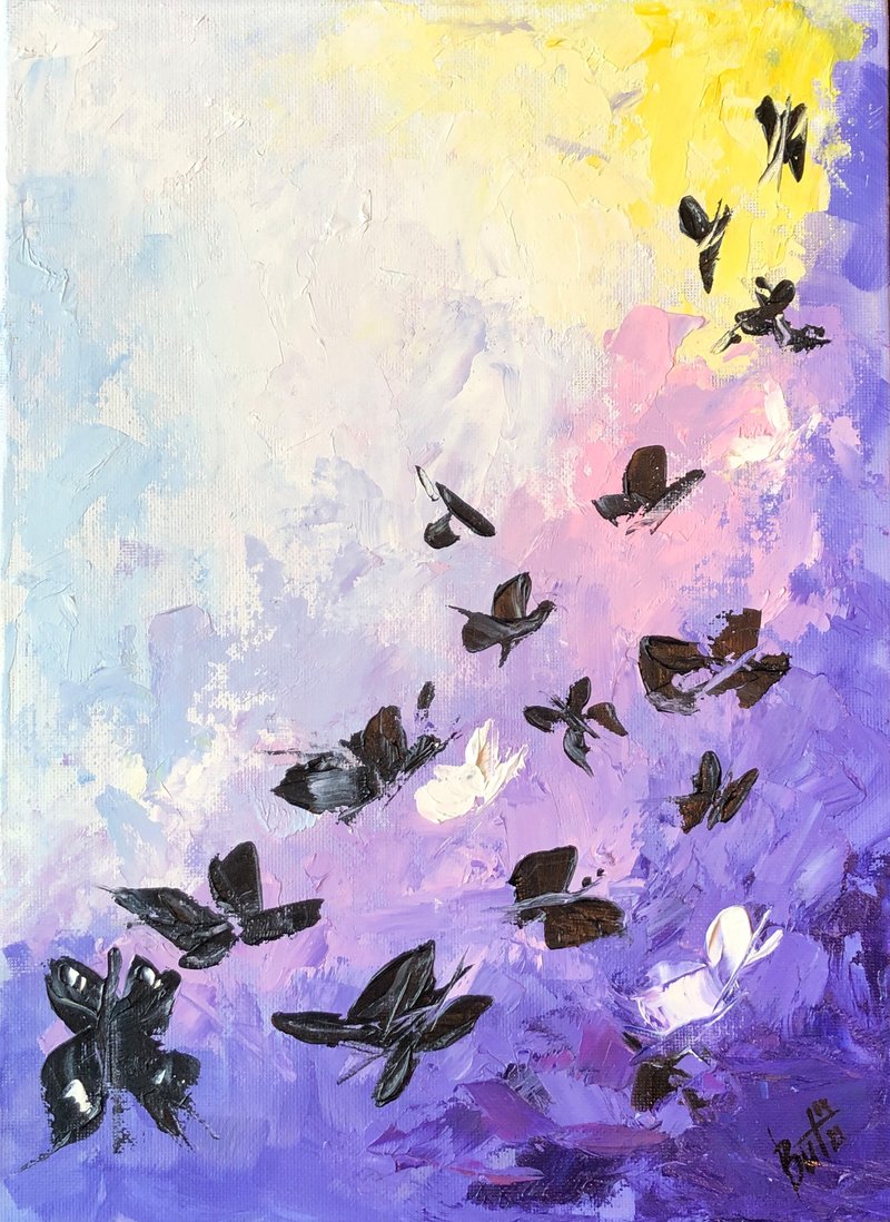 Butterflies Painting Abstract Original Oil Art Floral Artwork Beautiful Wall Art - 海報/掛畫/掛布 - 其他材質 紫色