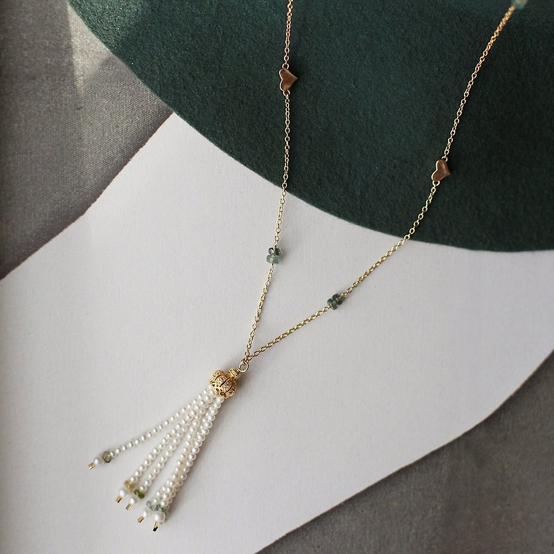 Miss Queeny original | small public crown natural pearl tassel tourmaline necklace handmade - Necklaces - Pearl Gold