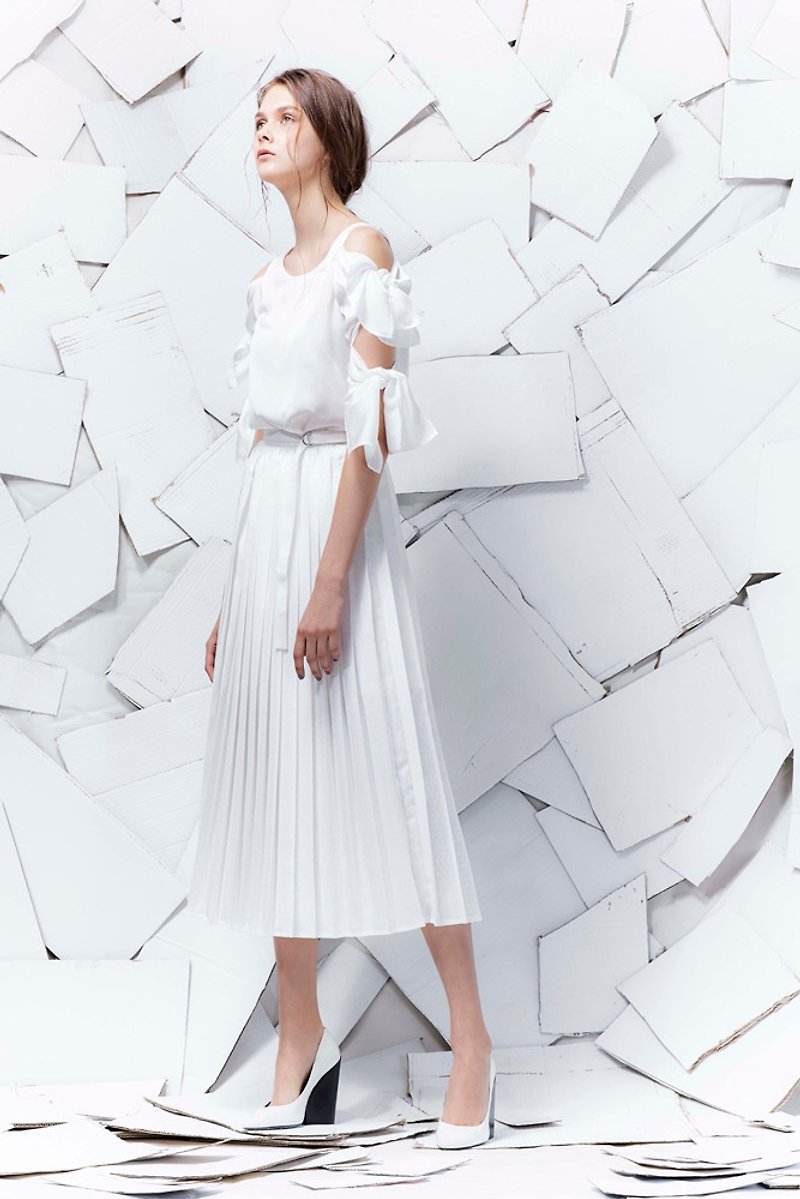 Off-season sale white polka dot pleated maxi dress - Skirts - Cotton & Hemp White