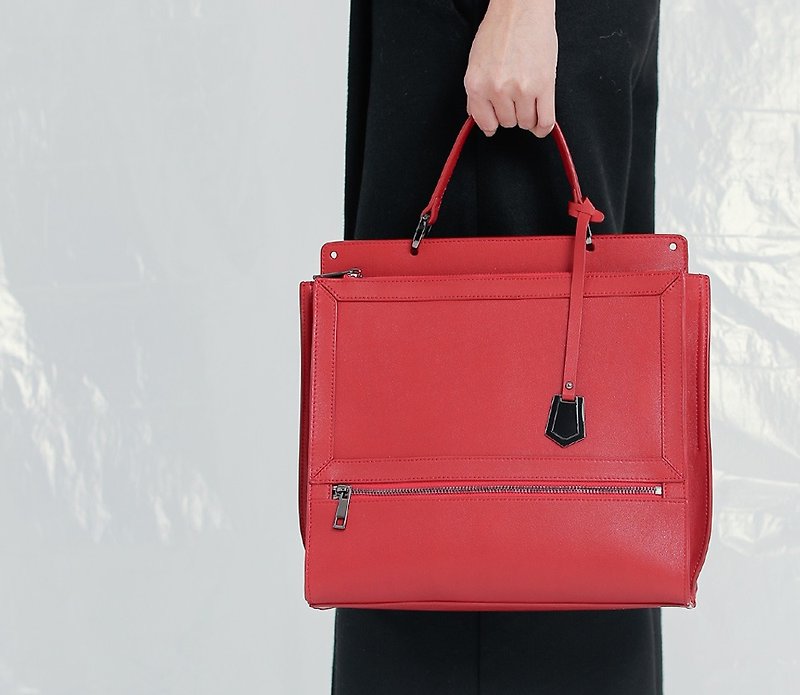 Square multi-zipper stitching portable shoulder leather dual-use bag red - กระเป๋าแมสเซนเจอร์ - หนังแท้ สีแดง